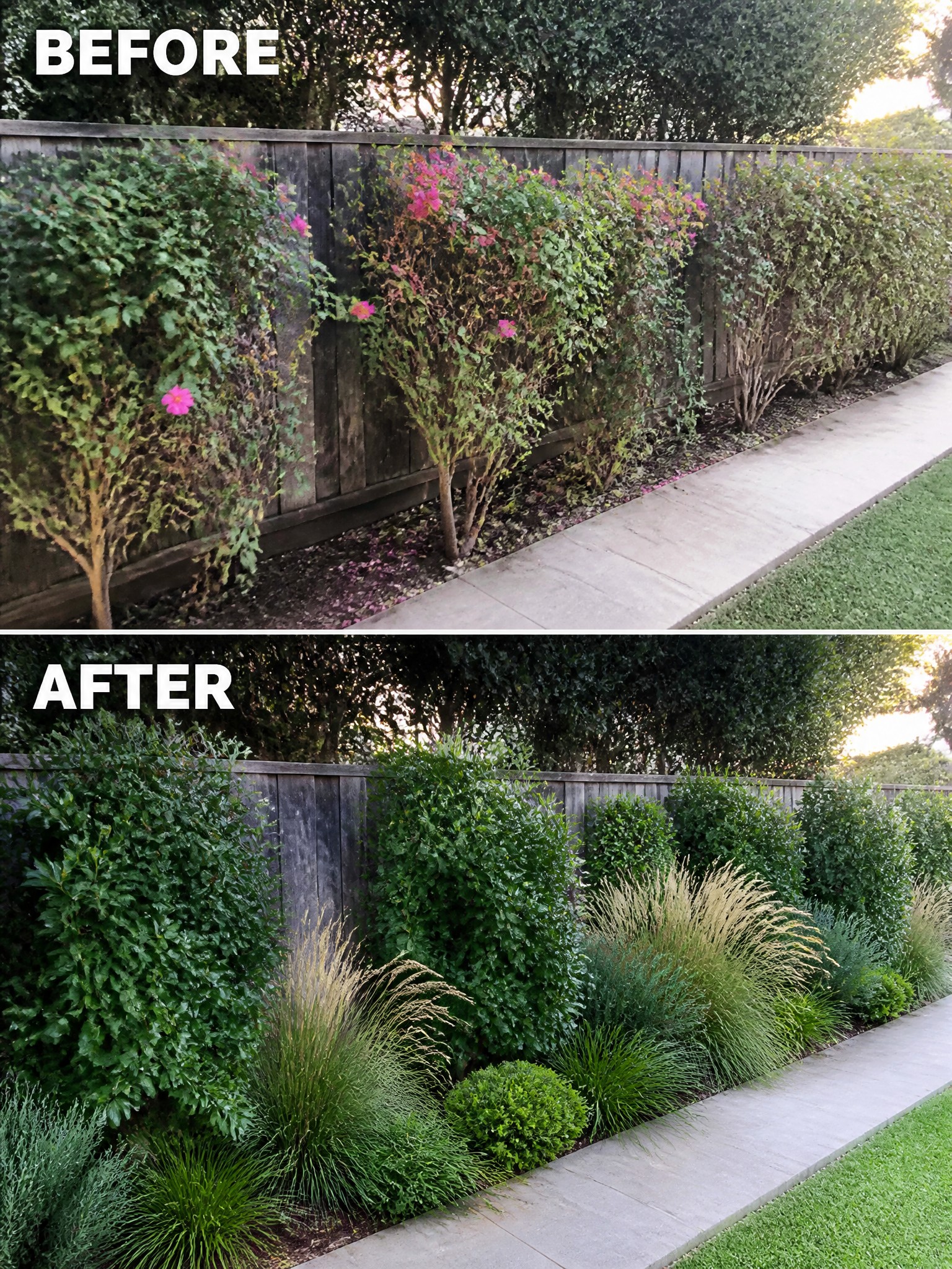 Side-by-side comparison of a garden, showing before and after landscaping improvements.