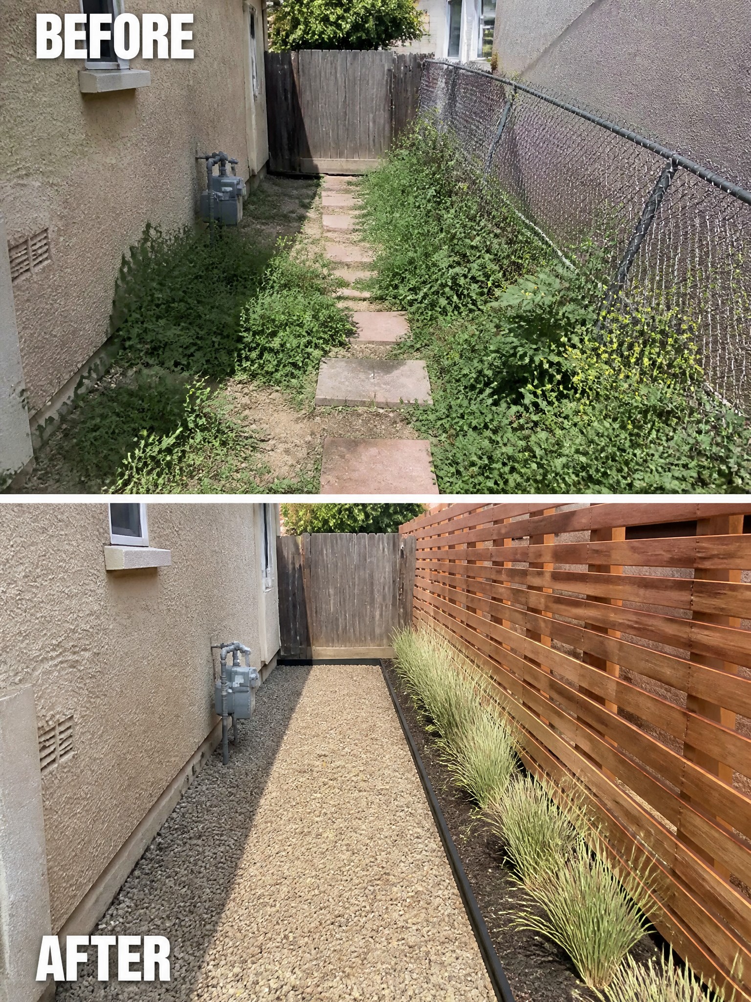 Overgrown garden path transformed to a clean gravel walkway with planted grasses.