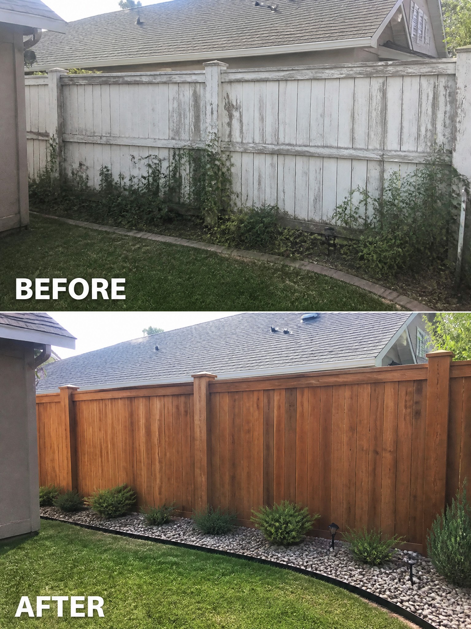 Before-and-after image of an overgrown backyard fence line changed into a clean gravel border with low shrubs and a stained fence.