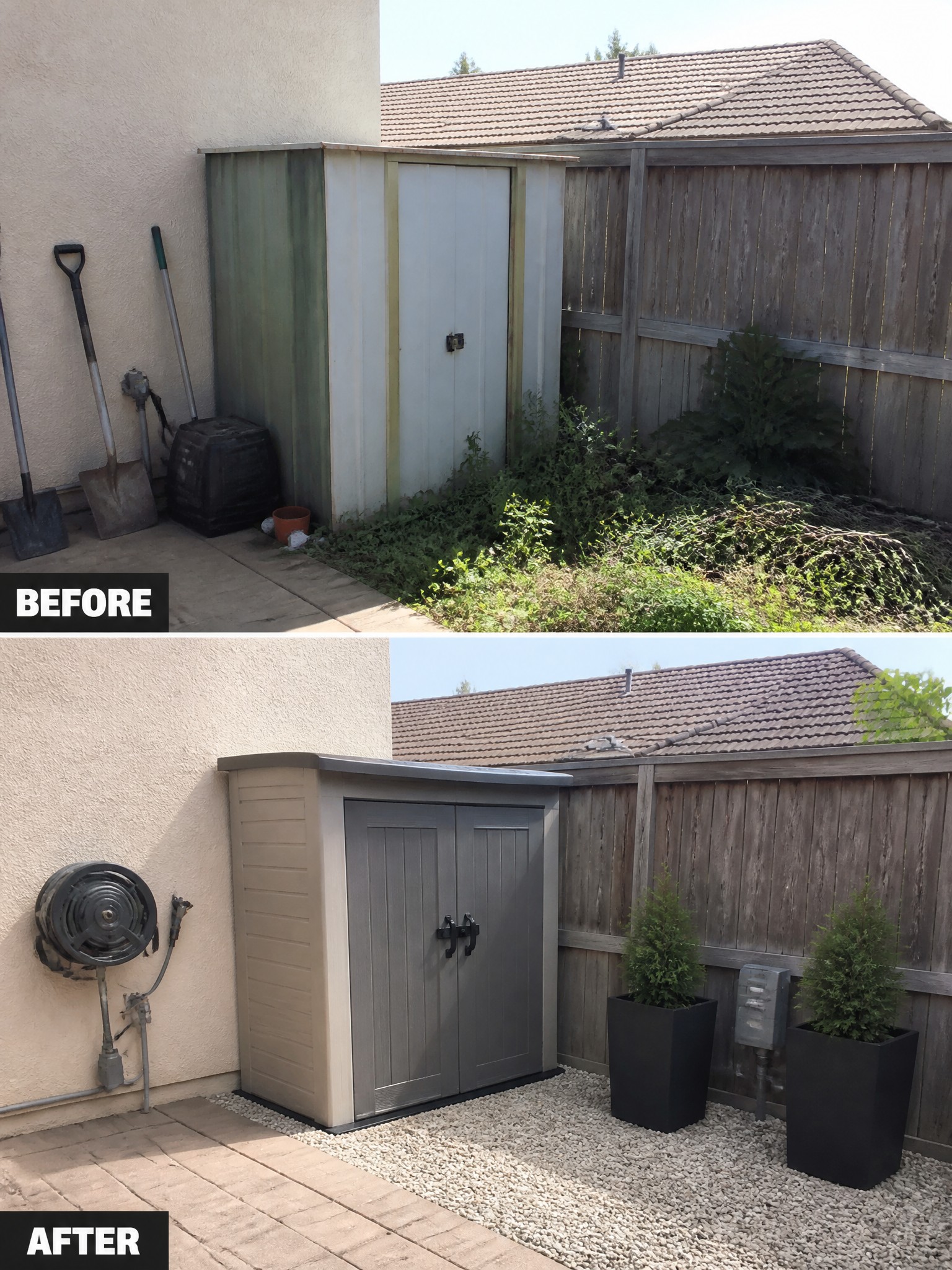 Side-by-side comparison of a shed area, before and after cleanup and renovation.