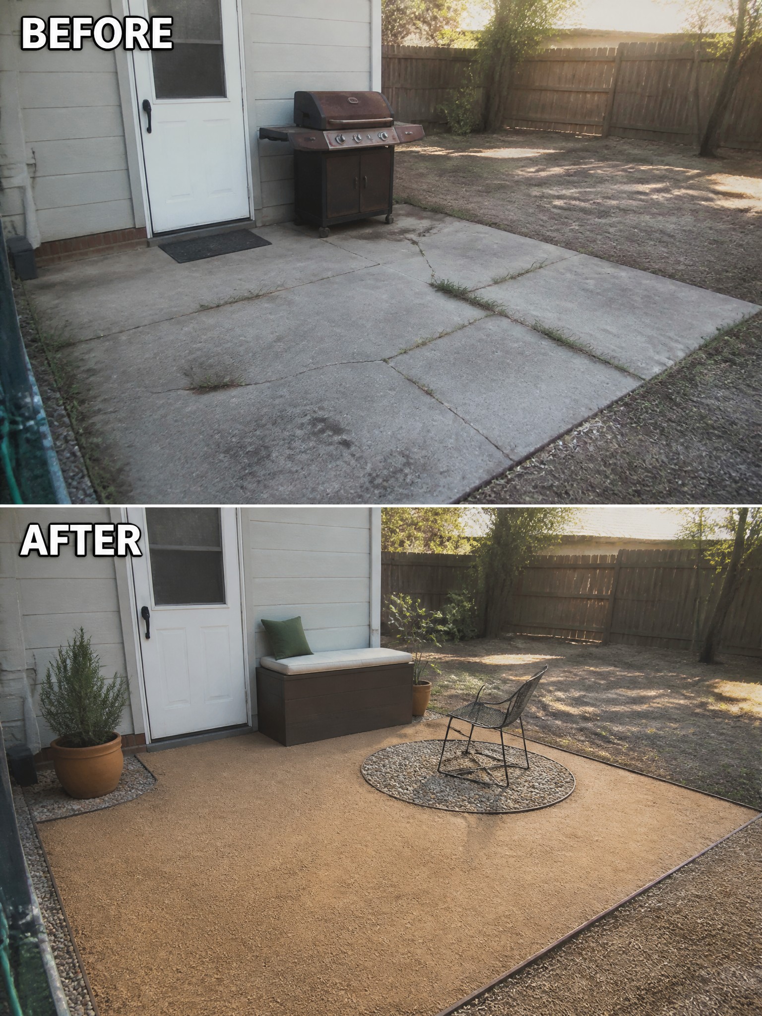 Before and after transformation of a patio area with a grill, bench, and chair.