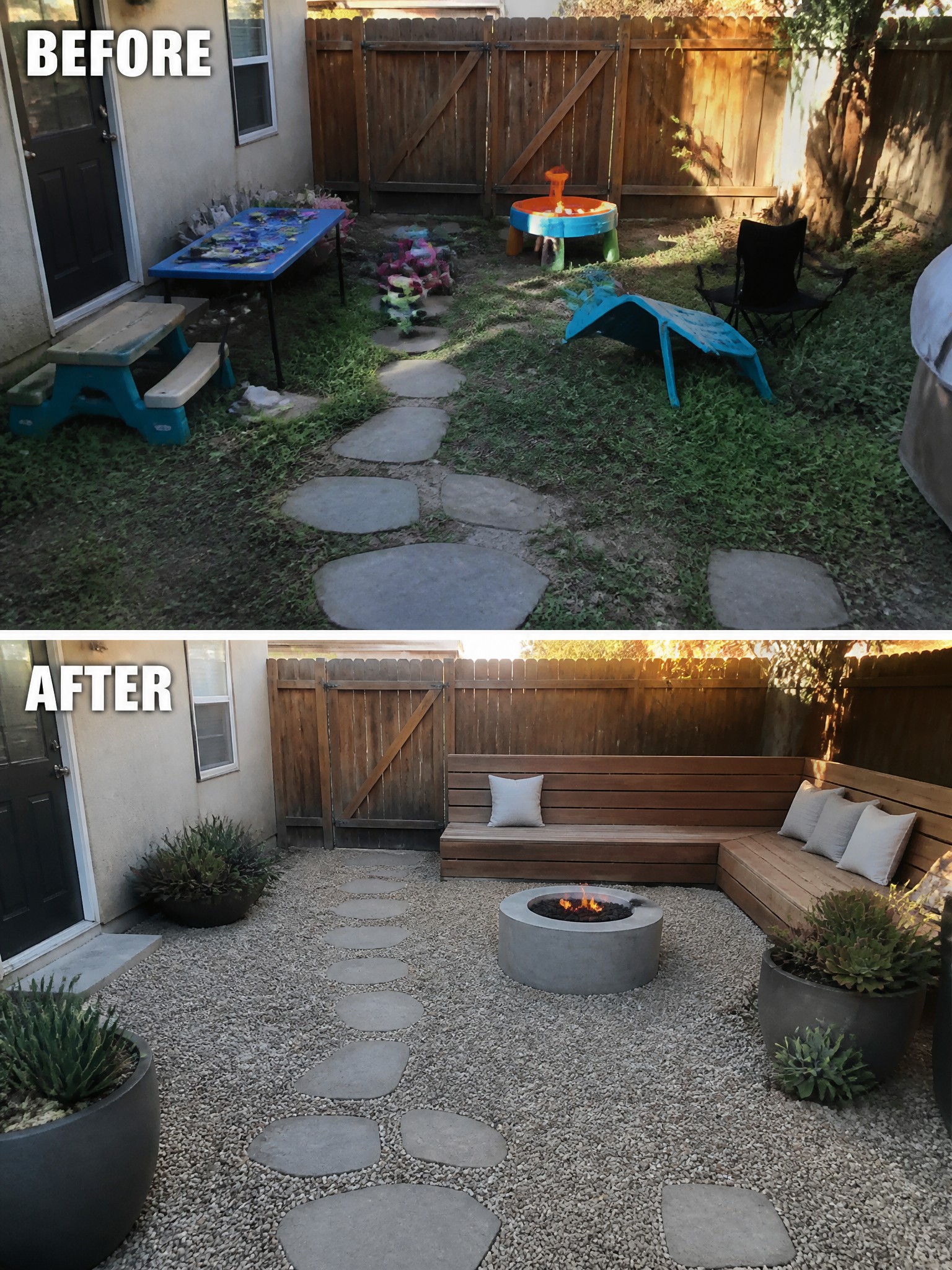 Before and after transformation of a backyard, featuring a fire pit and seating area.