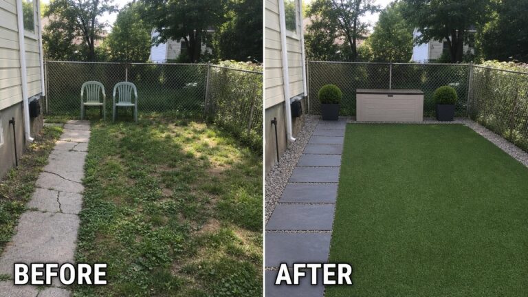 Before-and-after image of a patchy backyard lawn changed into a clean artificial turf space with a paver path and gravel borders.