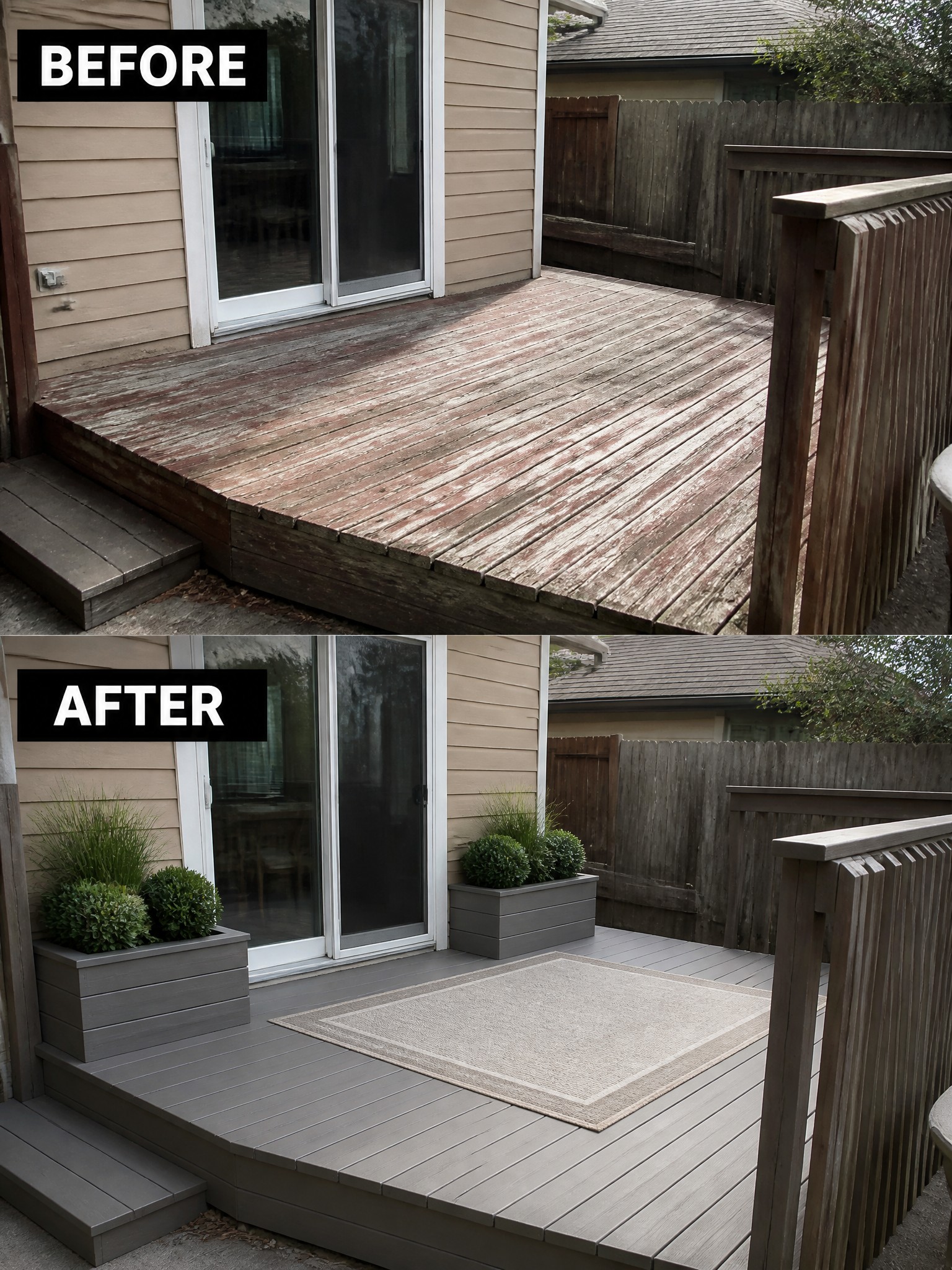 Before and after view of a renovated wooden deck with planters and a rug.