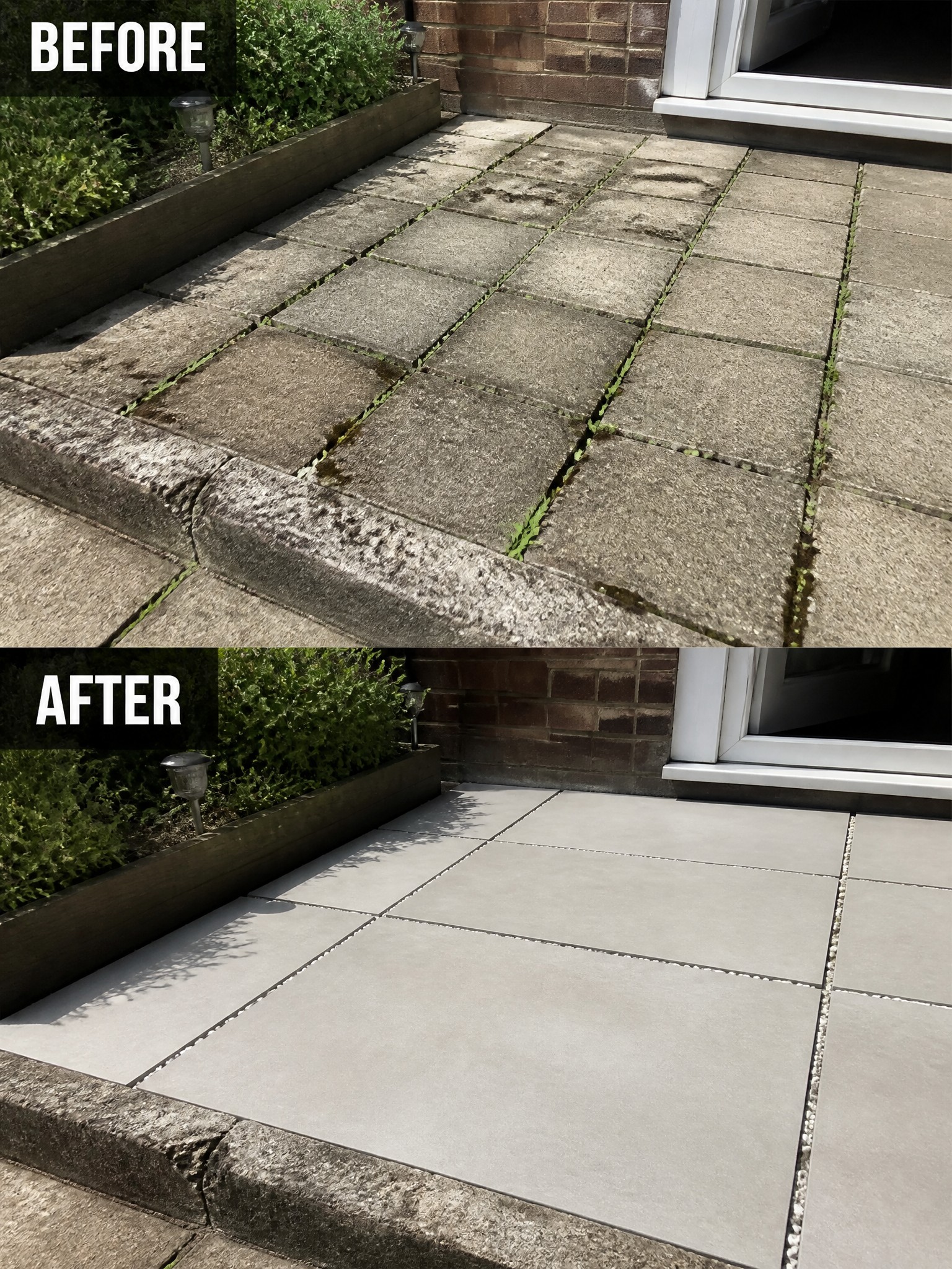 Before and after comparison of a patio, showing dirty paving stones transformed to clean, grey tiles.