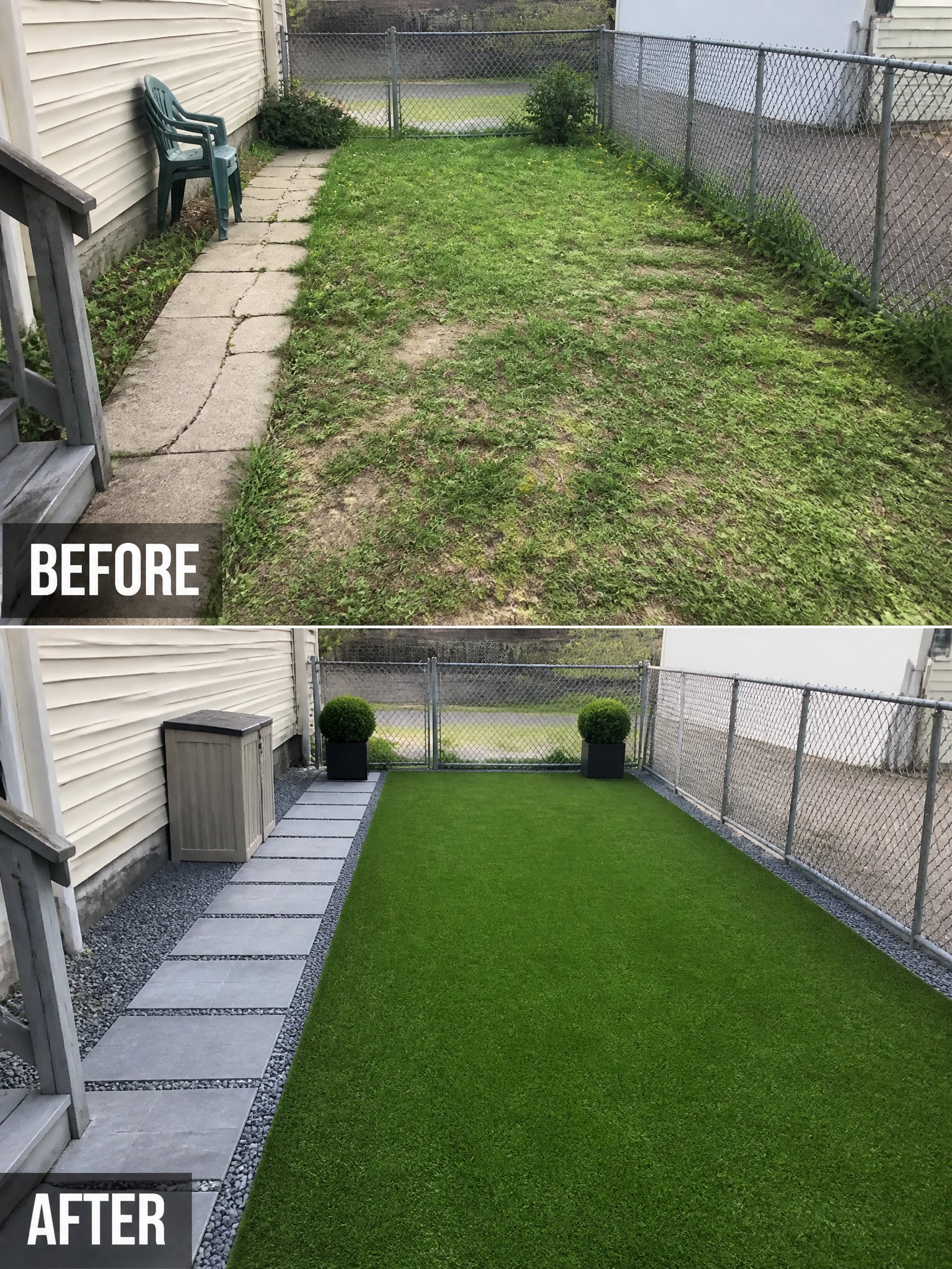 Before-and-after image of a patchy backyard lawn changed into a clean artificial turf space with a paver path and gravel borders.