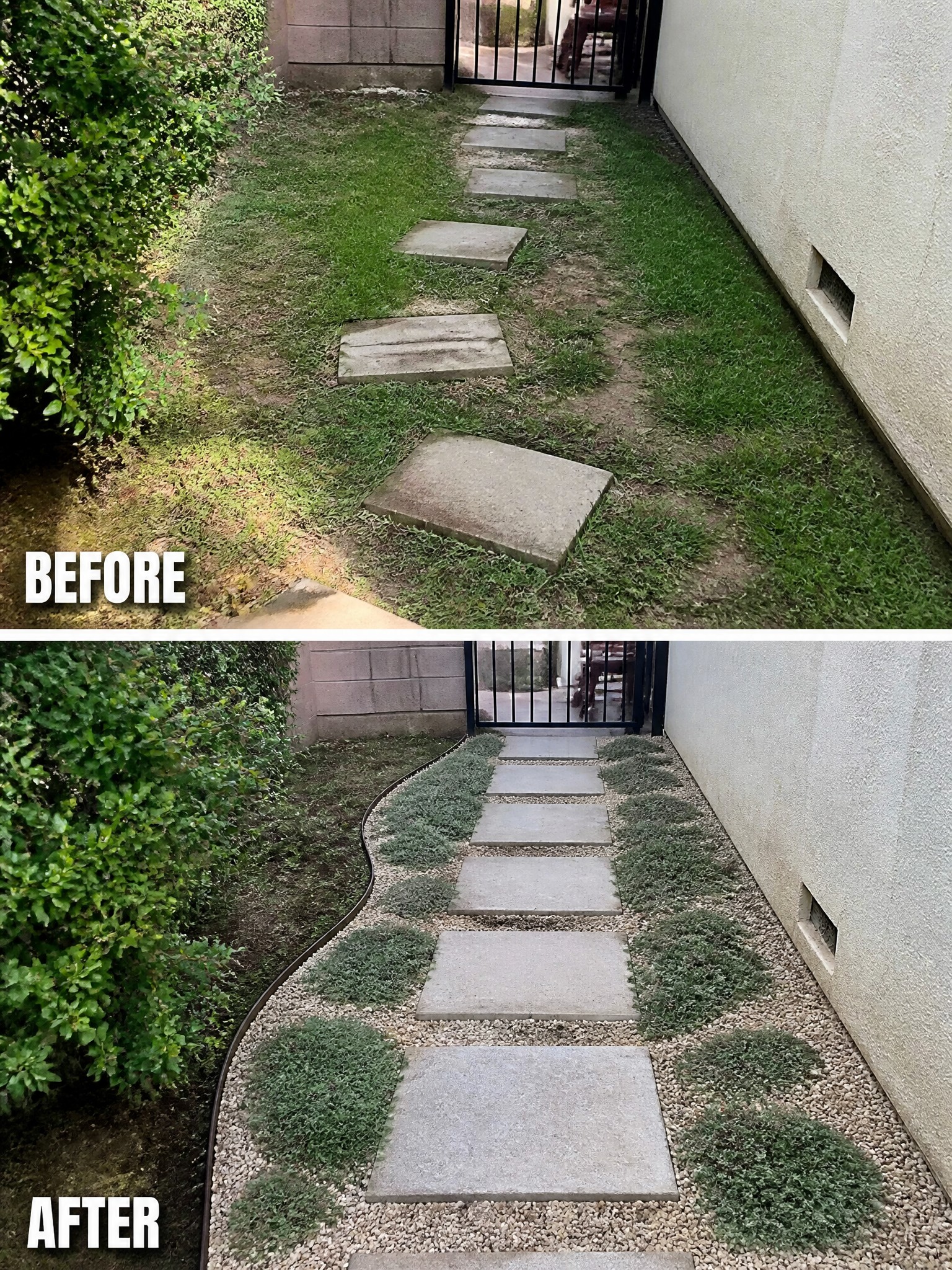 Before-and-after image of a backyard path with uneven stepping stones on grass changed to a defined path with gravel and rows of low ground cover plants.