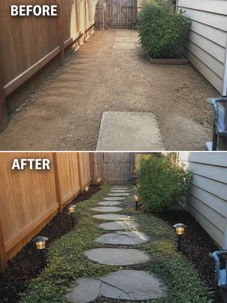 Before-and-after view of dirt path transformed into stone walkway with solar lights.