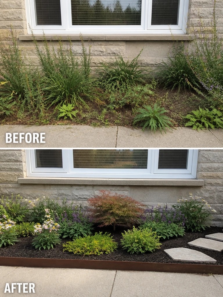 Before-and-after image of an overgrown garden bed under a window changed into a neat mulched bed with defined plants and edging.