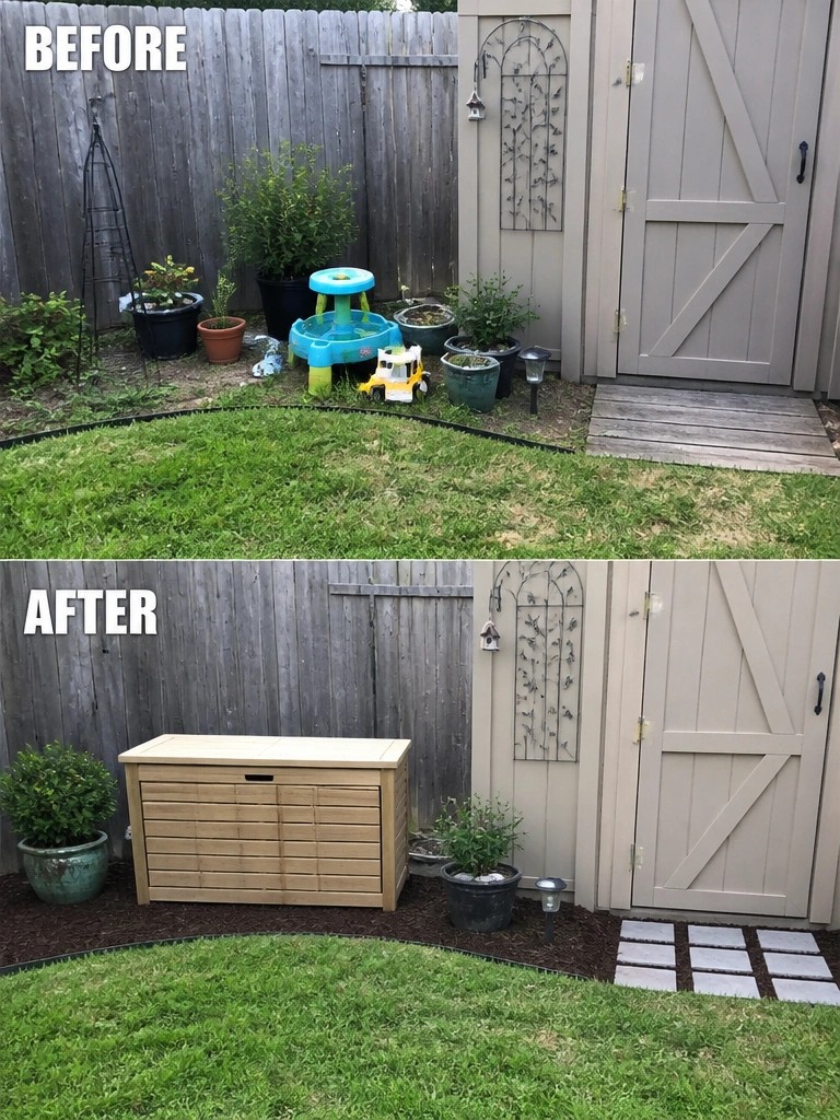 Before and after backyard cleanup with new storage box, mulch, and pavers.