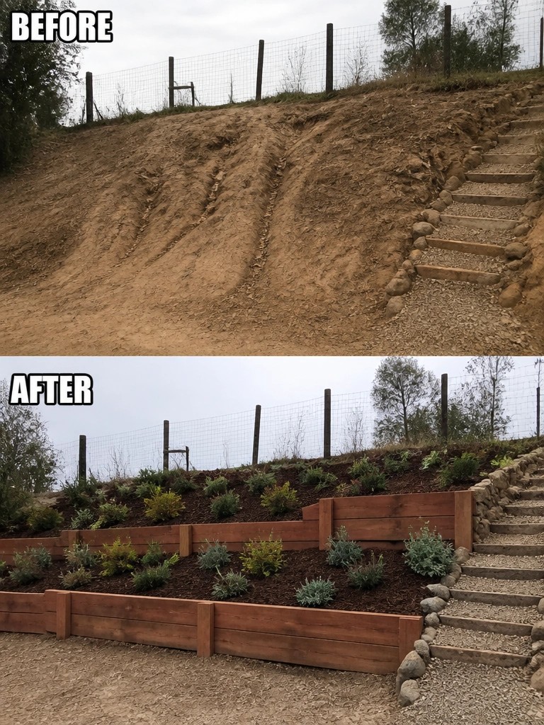 Eroded hillside before and after terracing with wooden walls, mulch, and shrubs.