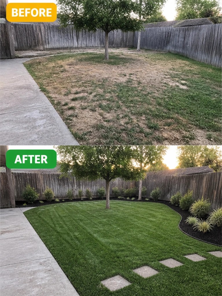 Before-and-after image of a patchy backyard changed into a neat lawn with defined garden beds along the fence and stepping stones.