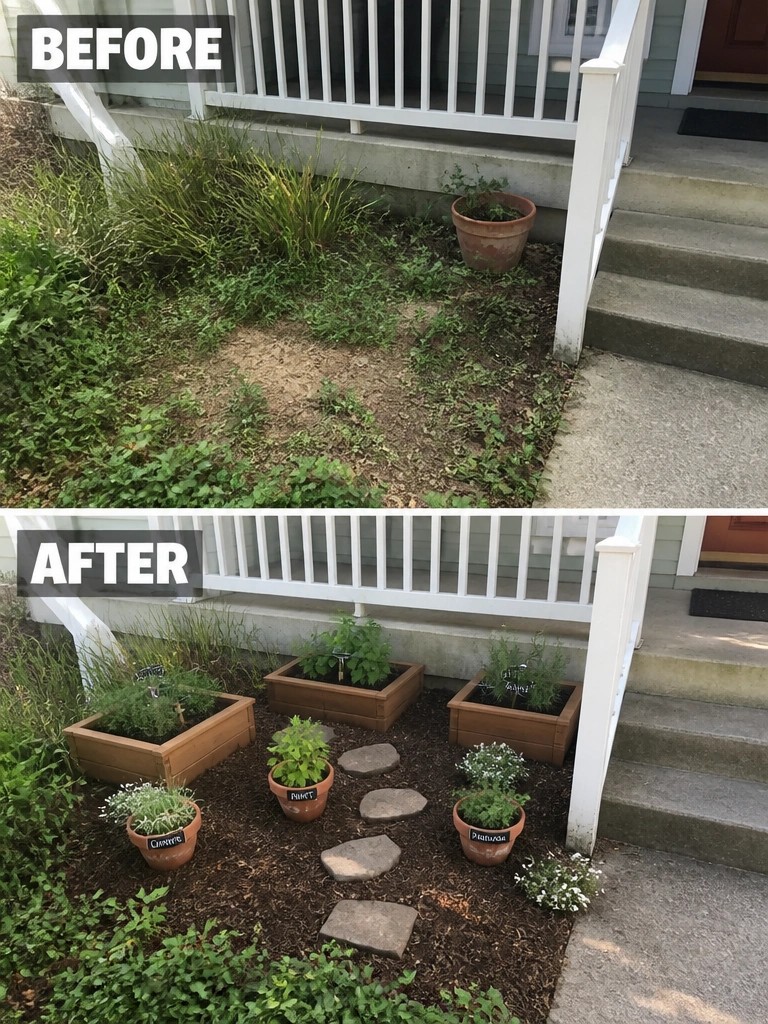 Before and after of overgrown porch area transformed into neat herb garden with planters and mulch.