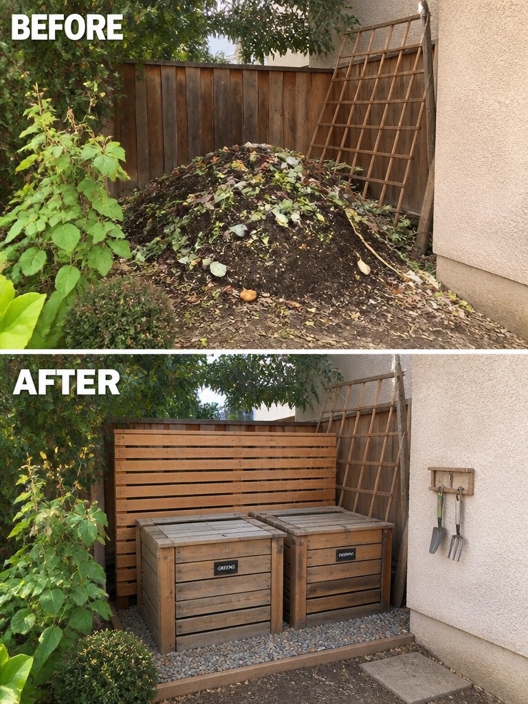Before messy compost pile, after two labeled wooden bins in tidy garden.