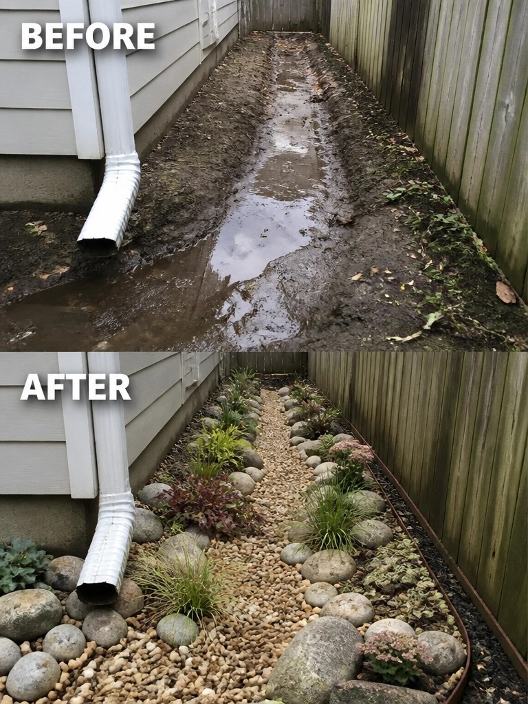 Before muddy downspout path and after landscaped gravel garden with rocks and plants.