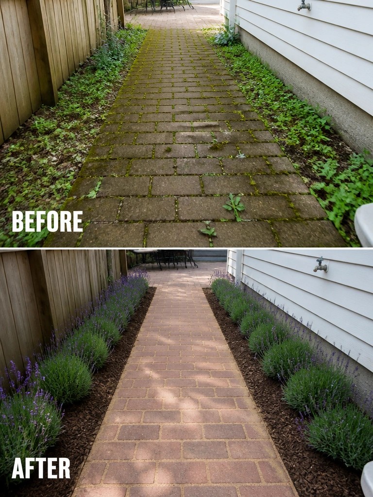 Before-and-after image of an overgrown brick path changed into a clean walkway lined with mulched beds and lavender plants on both sides.