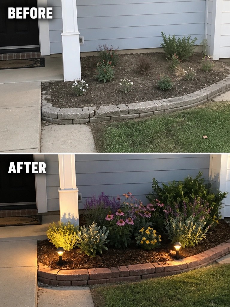Before and after of a front garden bed with added flowers and lights