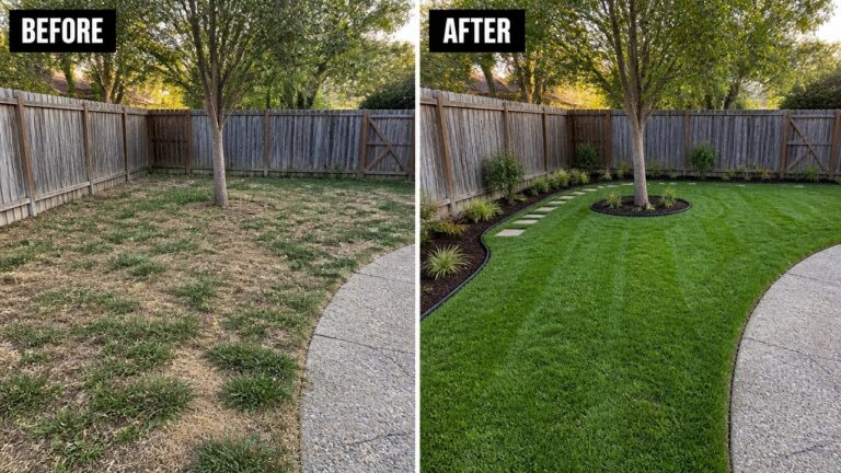 Before-and-after image of a patchy backyard changed into a neat lawn with defined garden beds along the fence and stepping stones.