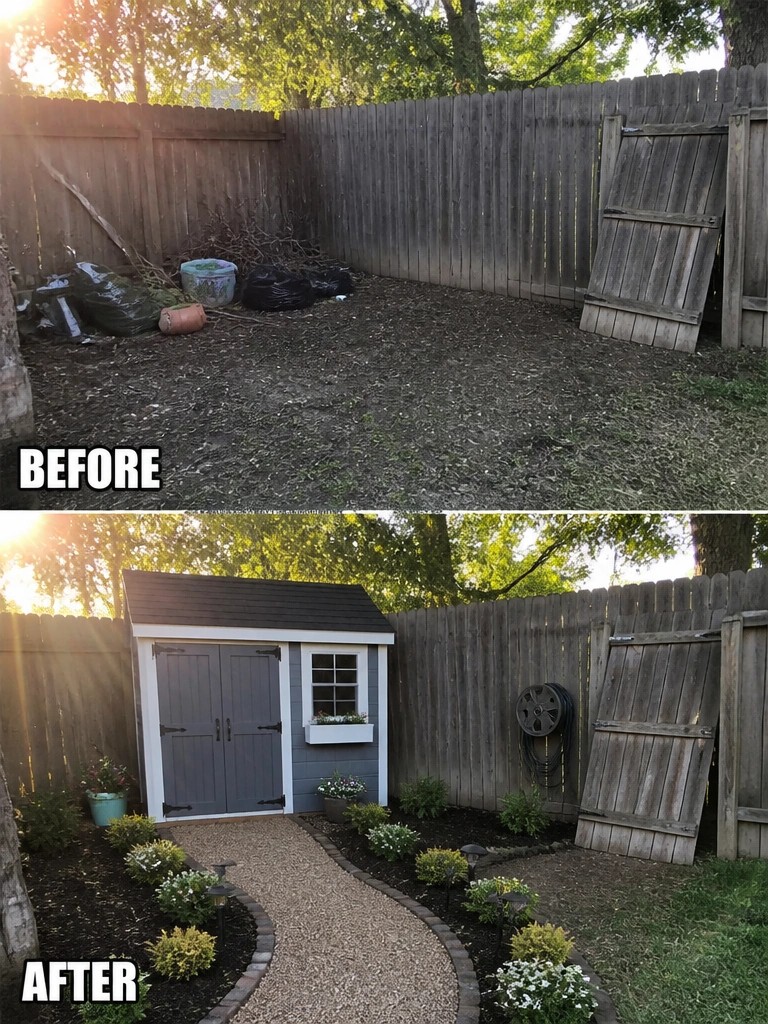 Before and after backyard transformation with new shed, garden, and gravel path.