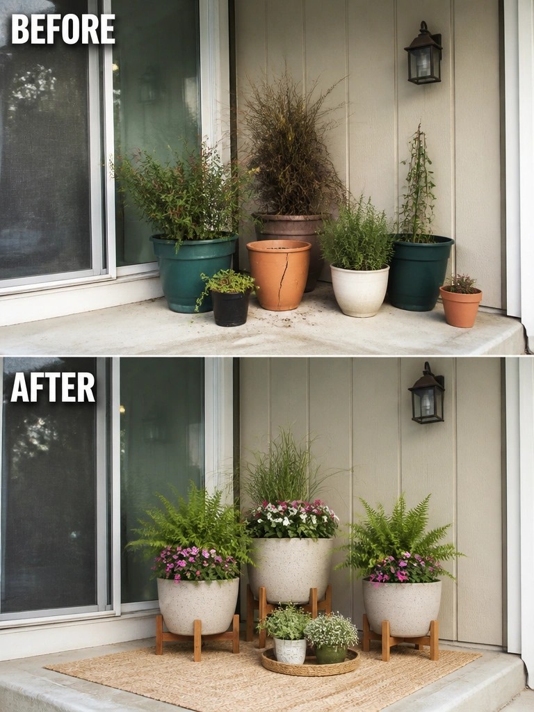 Before-and-after image of a cluttered porch with mismatched plant pots transformed into an organized entry with matching planters on stands and a rug.