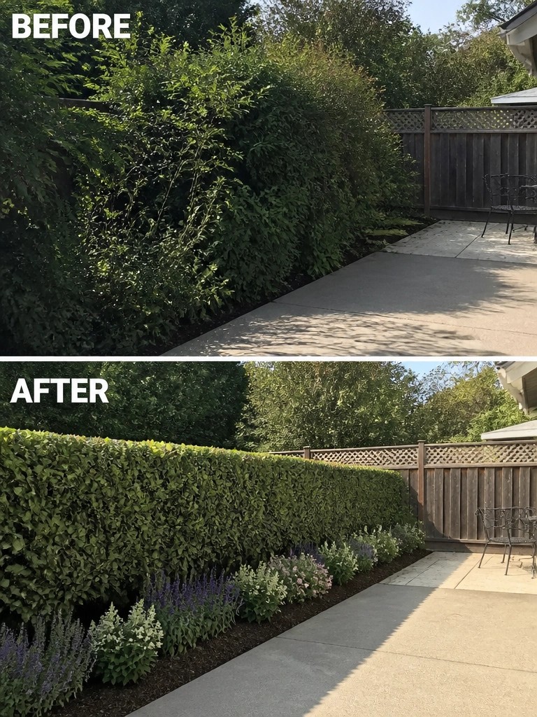 Before and after of overgrown hedge pruned into neat border with added flowers.