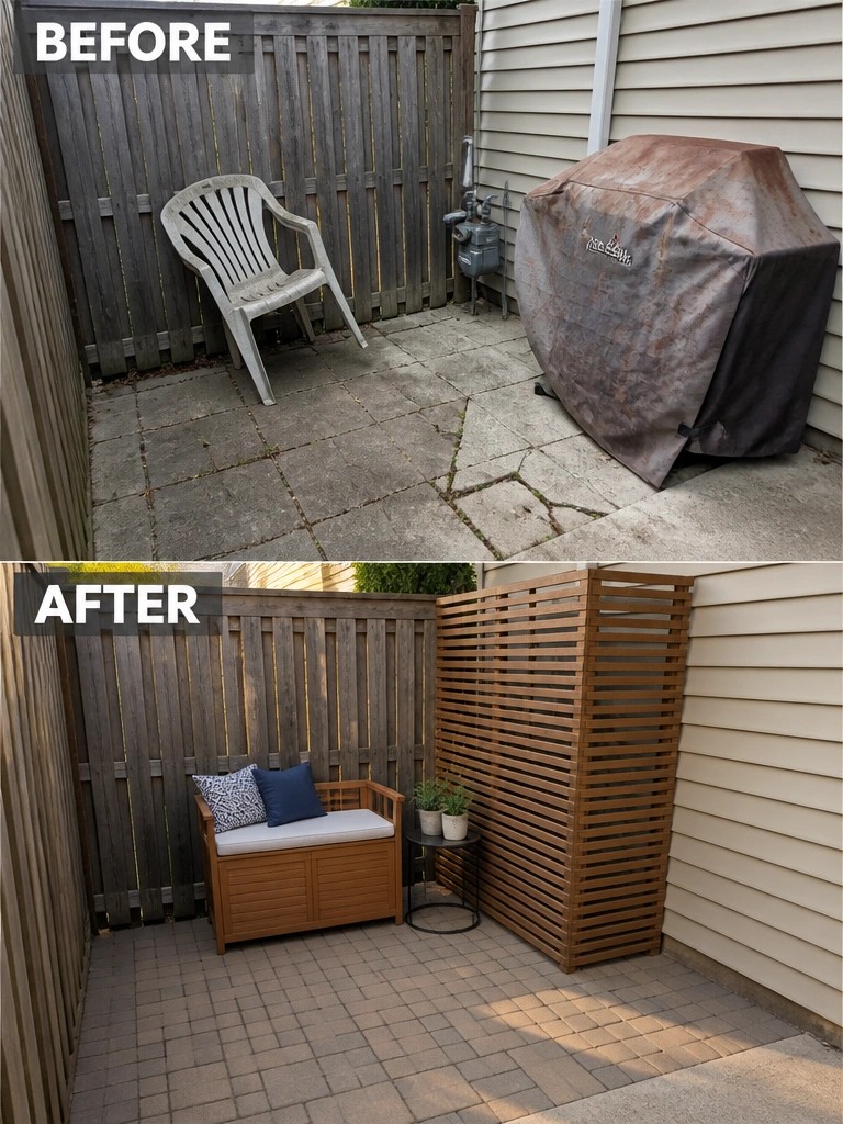 Before-and-after image of a plain patio transformed into a seating area with a wooden bench, cushions, and a slatted privacy screen.
