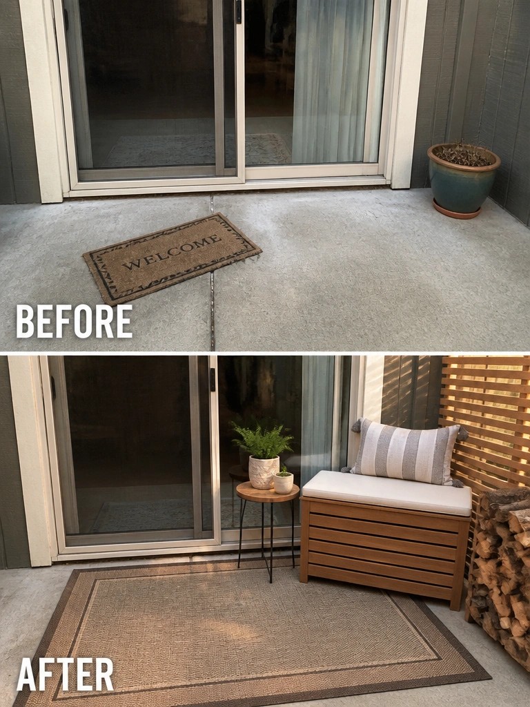 Before-and-after image of a concrete patio transformed with a large rug, wooden storage bench, and small side table.