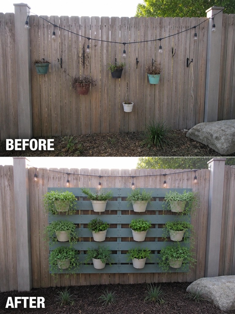 Before-and-after backyard fence with blue vertical garden and potted plants