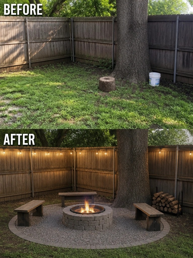 Before and after backyard with fire pit, benches, string lights, and gravel patio