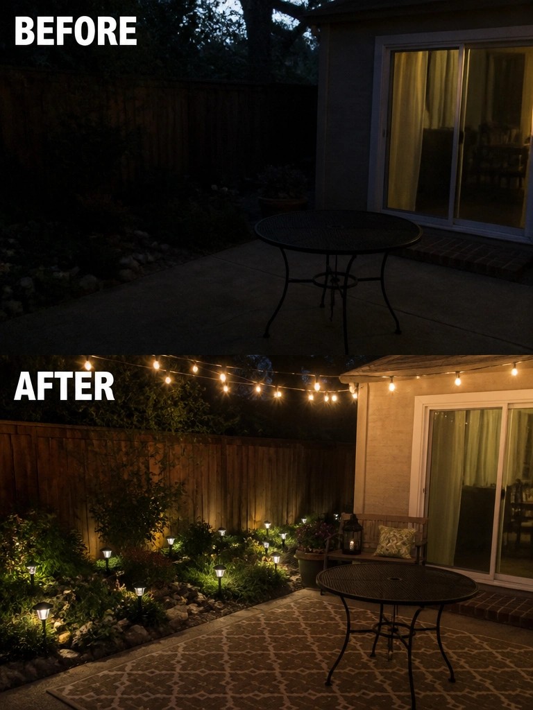 Backyard patio at night before and after adding string lights and pathway lamps