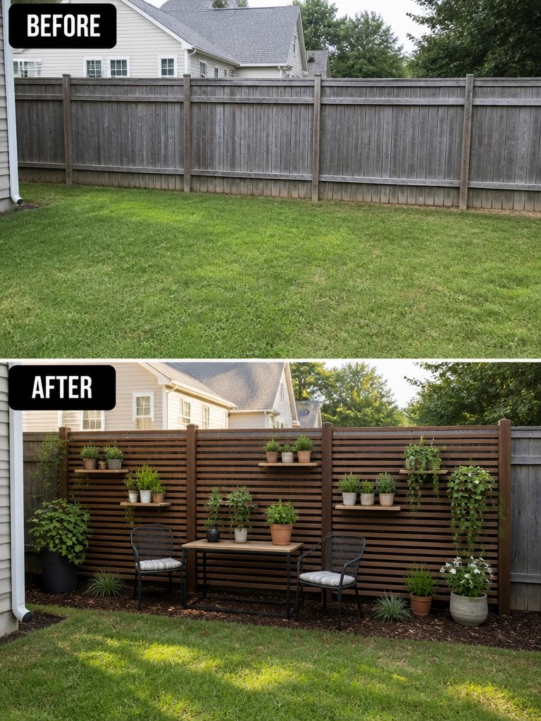 Before-and-after image of an open backyard lawn changed by adding a slatted privacy screen with shelves, potted plants, and seating.