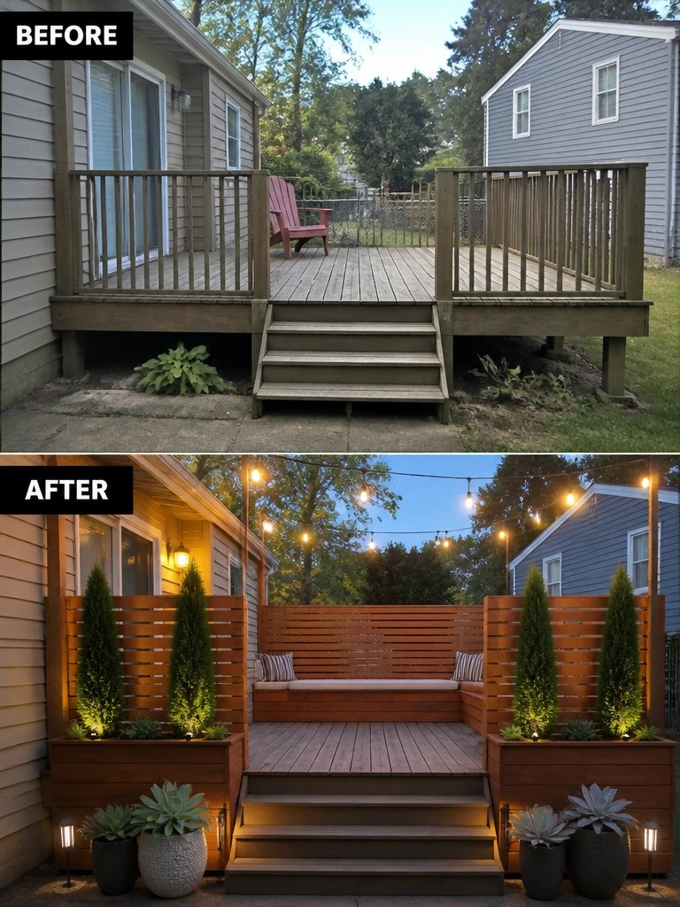Before and after of wooden deck remodel with seating, planters, and string lights.