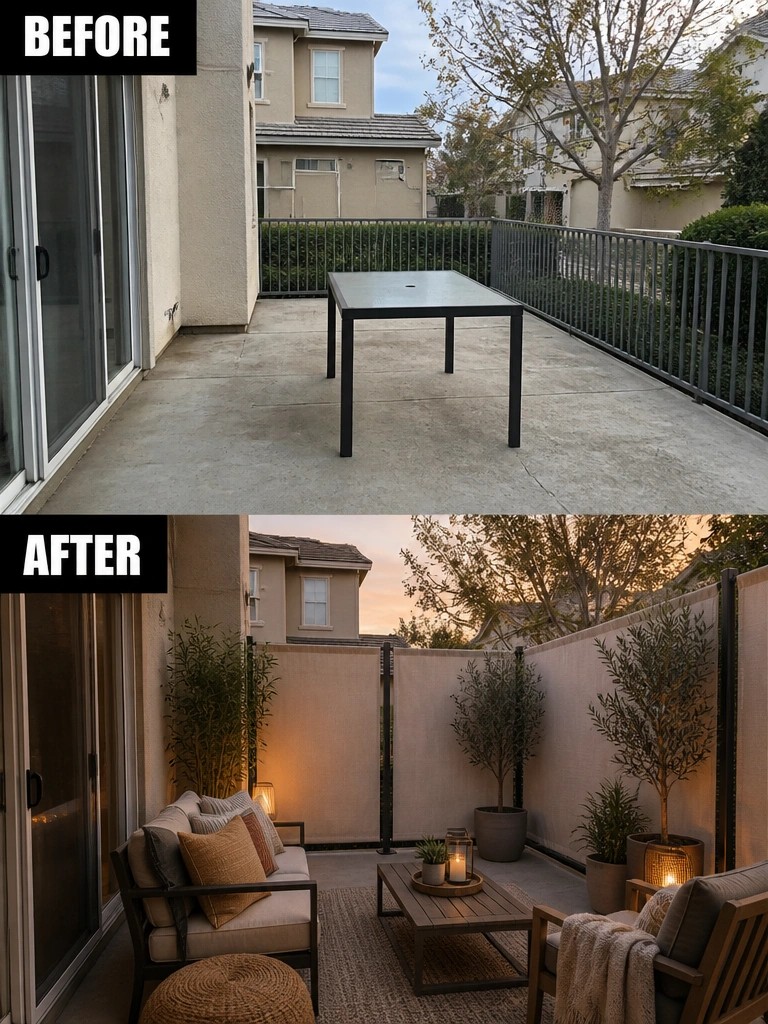 Before-and-after patio makeover from empty concrete to furnished lounge with plants and lights.