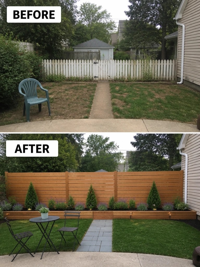 Before-and-after image of an open backyard with a low picket fence changed to a tall wooden privacy fence with raised planting beds along the border.