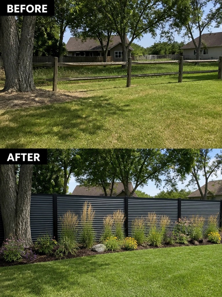 Before wooden fence and after black slatted fence with flower bed in yard