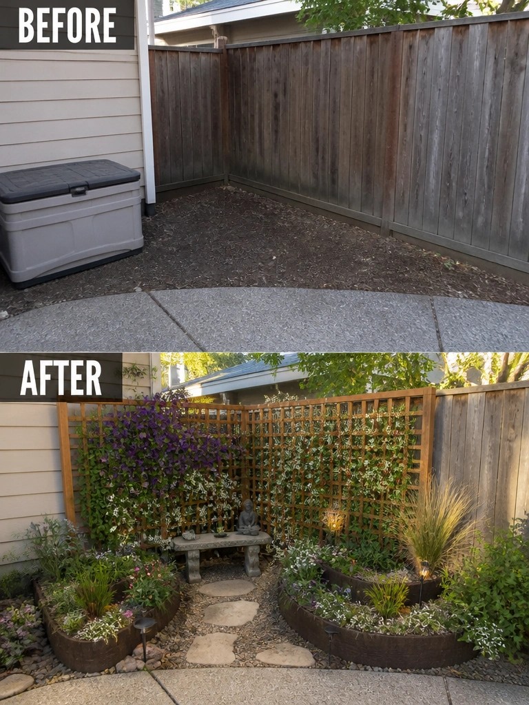 Before-and-after image of a bare backyard corner updated with a wooden trellis covered in climbing plants, raised garden beds, a stone path, and a small seating area.