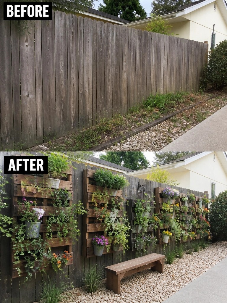 Before-and-after view of plain fence transformed into vertical garden with flowers and bench.