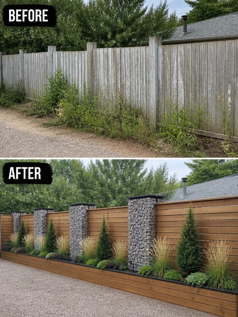 Before-and-after of weathered wooden fence transformed with stone pillars and landscaping