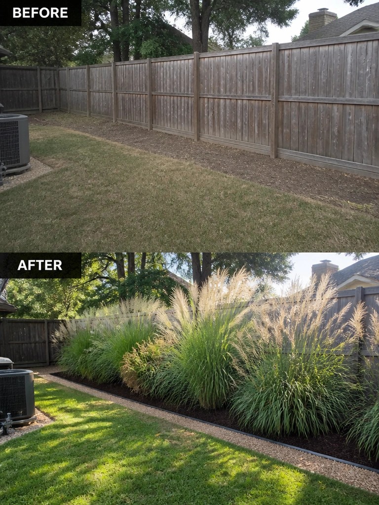 Before and after backyard with wooden fence and tall ornamental grasses.