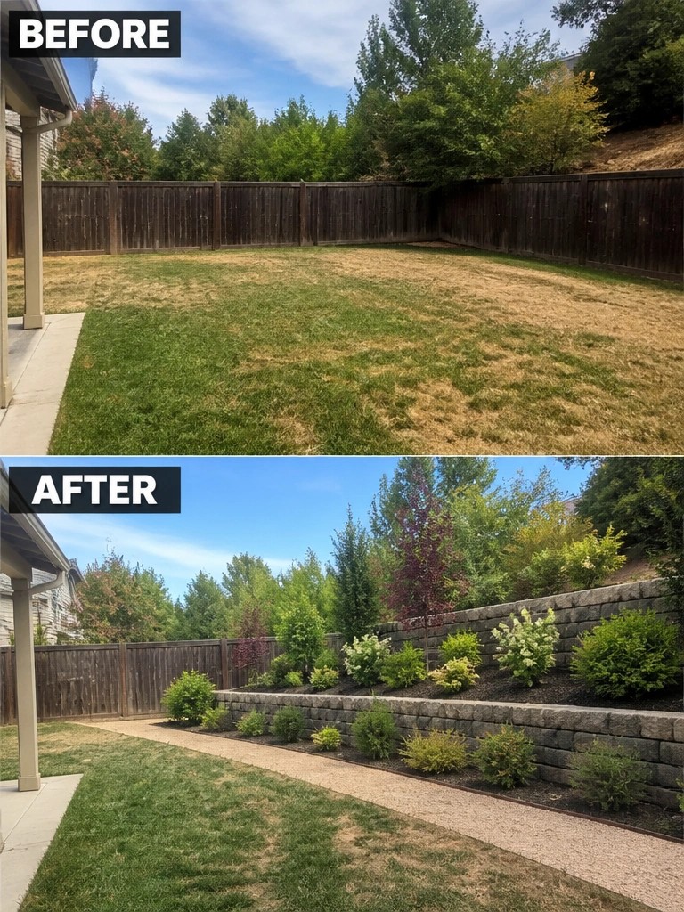 Before and after backyard with new stone retaining wall and landscaping