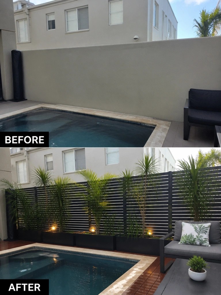 Before-and-after image of a backyard pool area showing a plain wall changed into a private space with a horizontal slatted screen and tall plants in long planters.