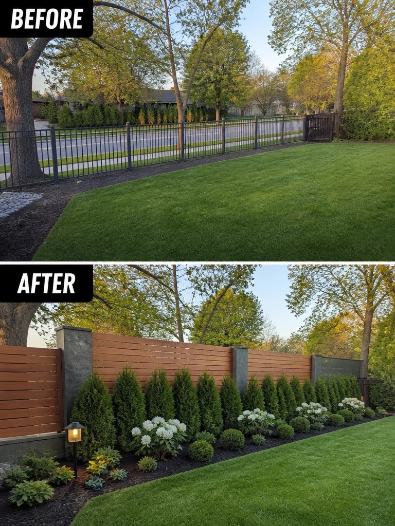Before-and-after image of a backyard fence changed from an open metal style to a solid wood privacy fence with a planted border of evergreens and flowering shrubs.