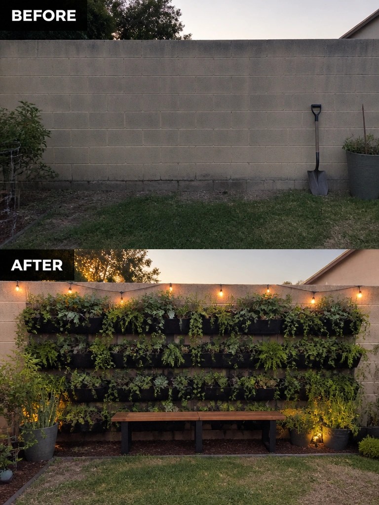 Before-and-after of bare wall transformed into lush vertical garden with bench and lights