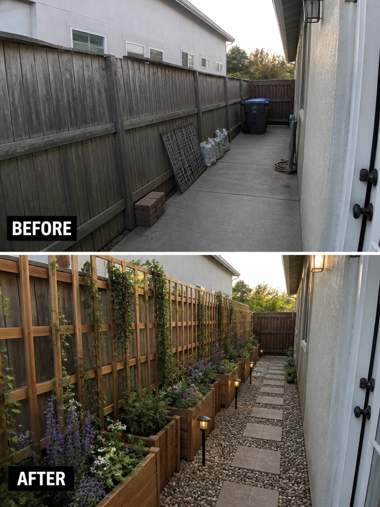 Before and after of narrow yard transformed with planters, vines, and lights