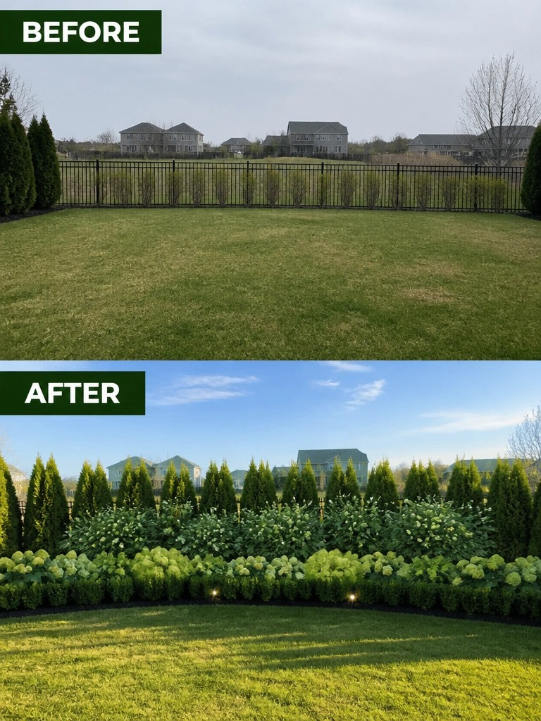 Before and after backyard with added shrubs, trees, and flowers along fence