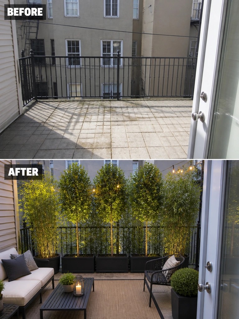 Before and after of balcony transformed with potted trees, string lights, and patio furniture.