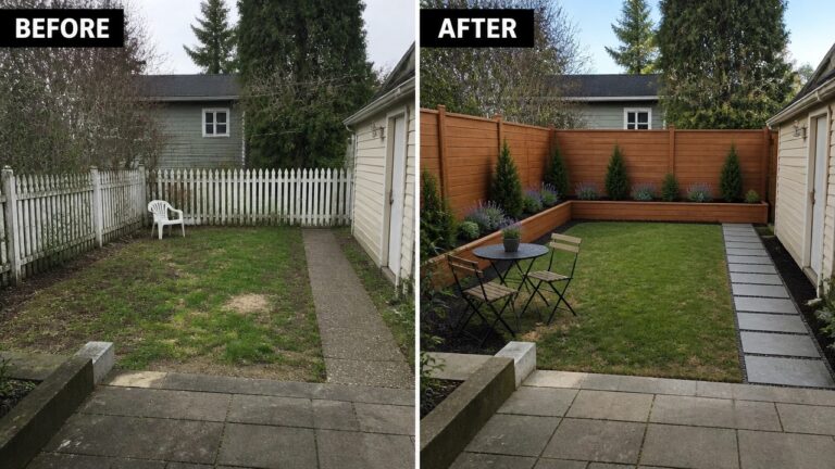 23 Smart Privacy Landscaping Makeover Ideas for Backyard Spaces Before-and-after image of an open backyard with a low picket fence changed to a tall wooden privacy fence with raised planting beds along the border.