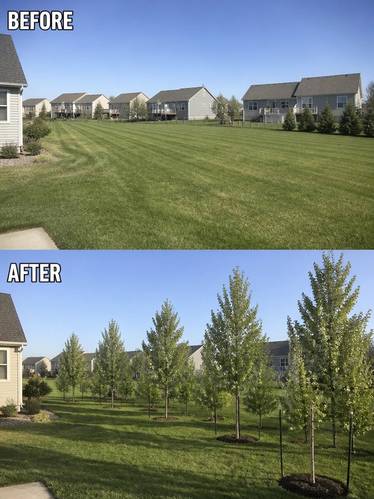 Before and after of mowed lawn with houses and newly planted trees.