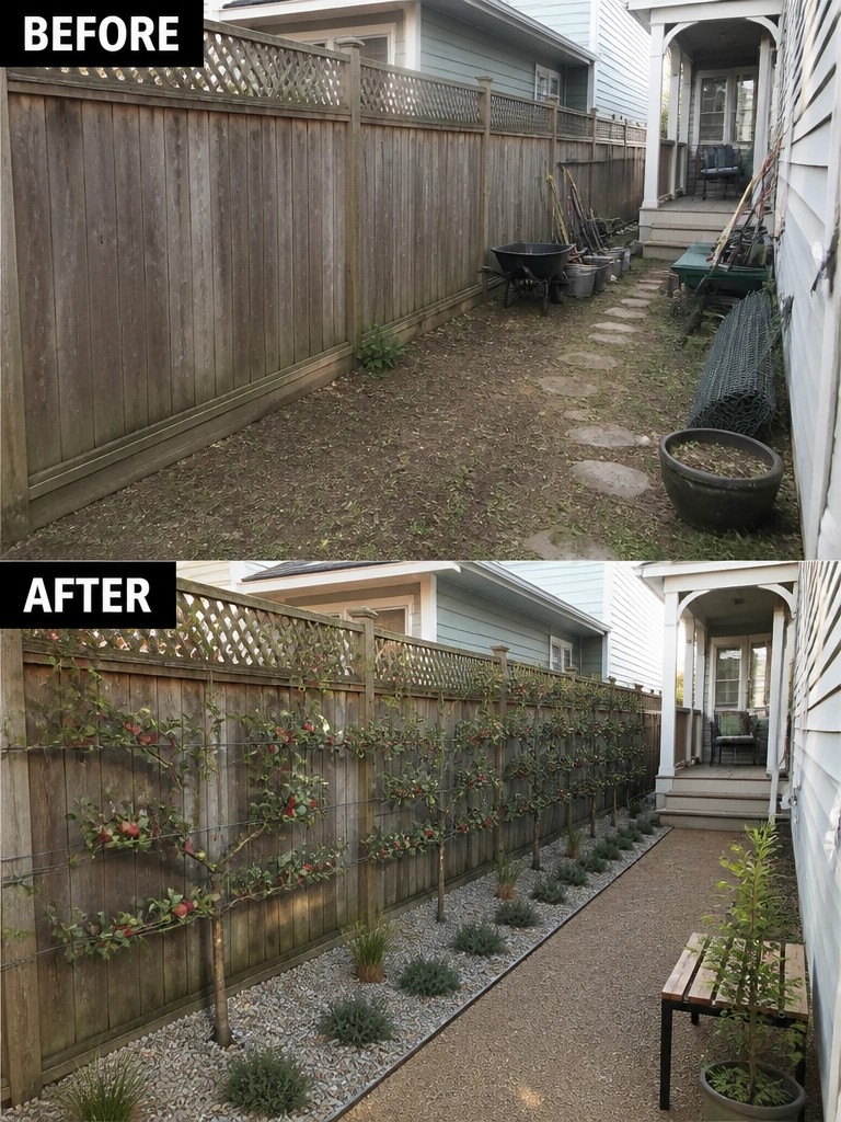 Before-and-after backyard with cluttered dirt path transformed into neat espaliered garden.