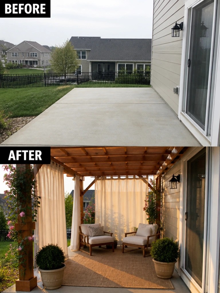 Before: bare concrete patio. After: wooden pergola with curtains, chairs, rug, and plants.